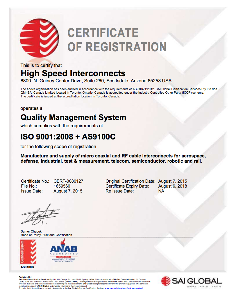 HSI ISO 9001 and AS9100C Certificate